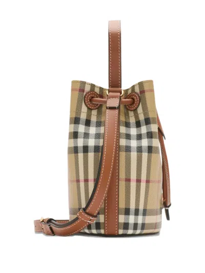 Burberry Drawstring Bucket Bag With Signature Plaid Pattern In Neutral