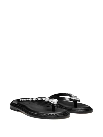 Simone Rocha Womens Black/comb Embellished Thong Leather Sandals Eur 40 / 7 Uk