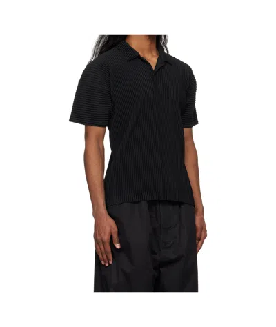Issey Miyake Pleated Black Polo Shirt With Boxy Silhouette In Blue