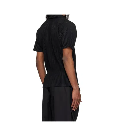 Issey Miyake Pleated Black Polo Shirt With Boxy Silhouette In Blue