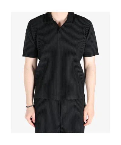 Issey Miyake Pleated Black Polo Shirt With Boxy Silhouette In Blue