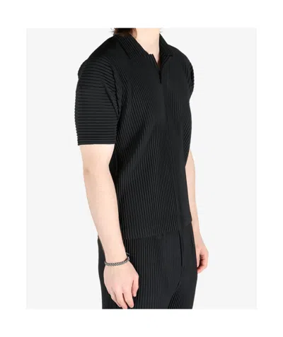 Issey Miyake Pleated Black Polo Shirt With Boxy Silhouette In Blue