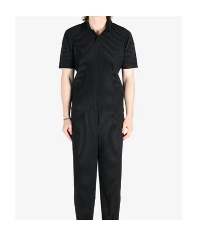 Issey Miyake Pleated Black Polo Shirt With Boxy Silhouette In Blue