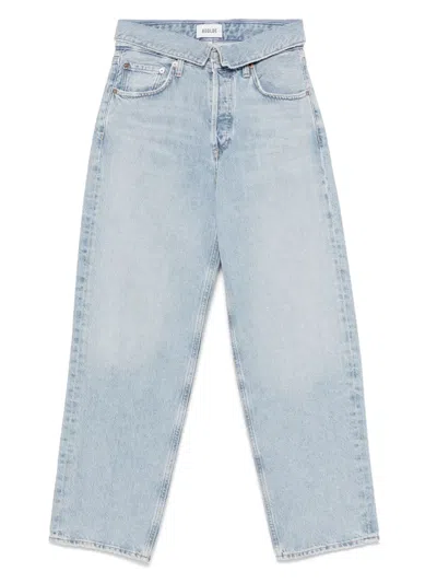 Agolde High Waist Frayed Hem Jeans In Blue
