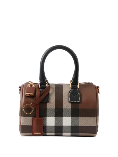 Burberry Womens Dark Birch Brown Chk Check-print Mini Woven And Leather Top-handle Bowling Bag
