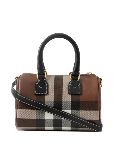 Burberry Womens Dark Birch Brown Chk Check-print Mini Woven And Leather Top-handle Bowling Bag