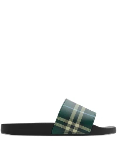 Burberry Mens Green Comb Furley Check Rubber Sliders