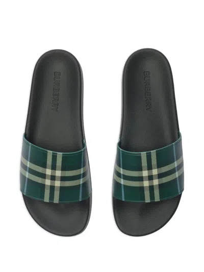 Burberry Mens Green Comb Furley Check Rubber Sliders