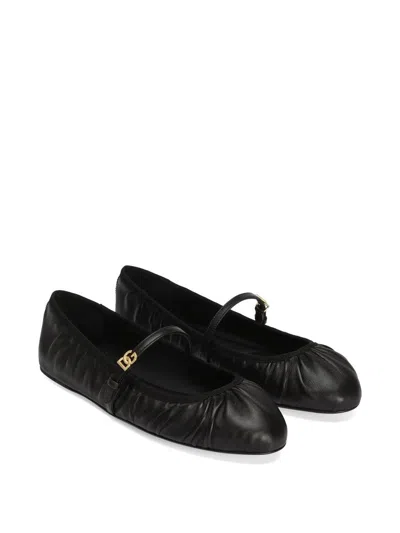 Dolce & Gabbana Black Ballerinas With Metallic Logo And Strap In Leather Woman