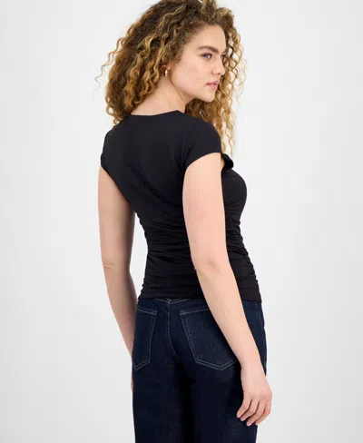 Bar Iii Women's Second Skin Crewneck Ruched T-shirt In Black