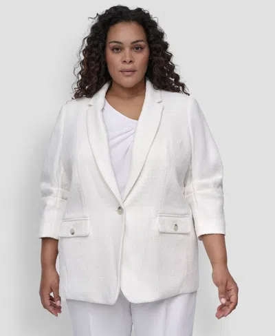 Dkny Plus Size Ruched-sleeve One-button Blazer In White