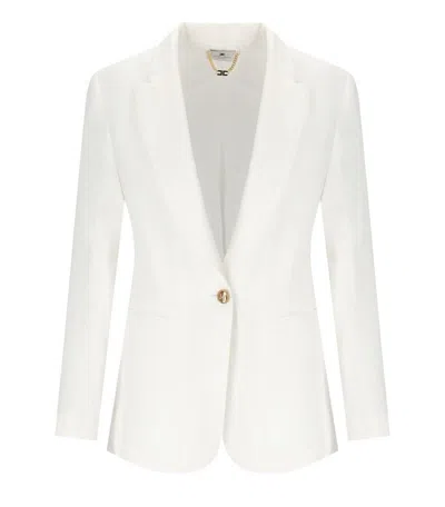 ELISABETTA FRANCHI ELISABETTA FRANCHI IVORY LINEN BLEND SINGLE-BREASTED JACKET 