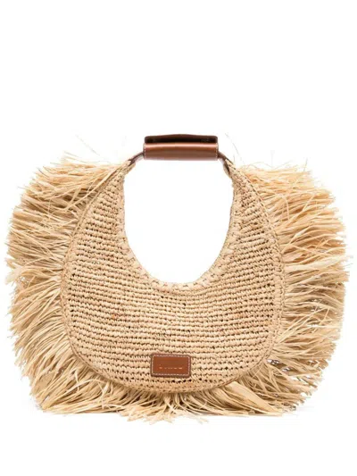 Staud Moon Raffia Tote Bag Natural Fringe