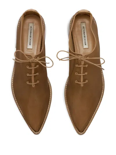 Victoria Beckham Pointed Mesh Lace Up Flats Tan In Brown