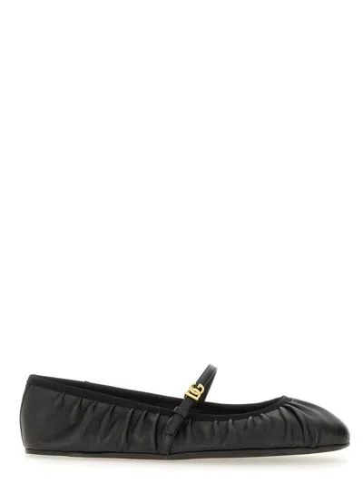 Dolce & Gabbana Black Ballerinas With Metallic Logo And Strap In Leather Woman