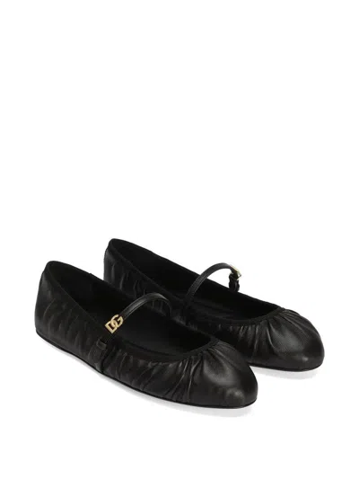 Dolce & Gabbana Black Ballerinas With Metallic Logo And Strap In Leather Woman