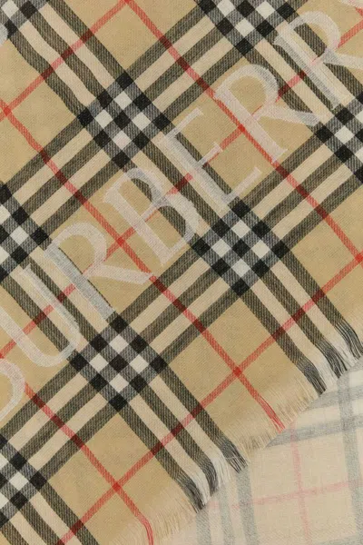 Burberry Wool Scarf With Embroidered Check Pattern And Fringed Edges