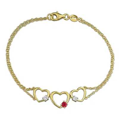 Mimi & Max Created Forever 1/6ct Tgw Created Ruby 1/7ct Tw Lab-grown Diamond Triple Heart Bracelet Yellow Silve