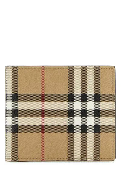 Burberry Beige Bifold Wallet With Check Motif In Techno Fabric