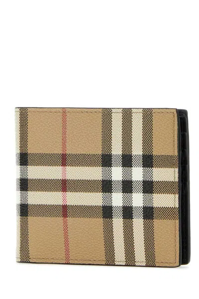 Burberry Beige Bifold Wallet With Check Motif In Techno Fabric