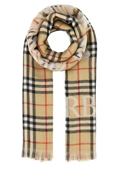 Burberry Wool Scarf With Embroidered Check Pattern And Fringed Edges