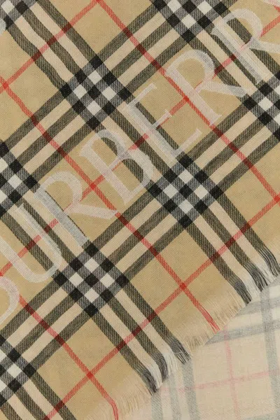 Burberry Wool Scarf With Embroidered Check Pattern And Fringed Edges