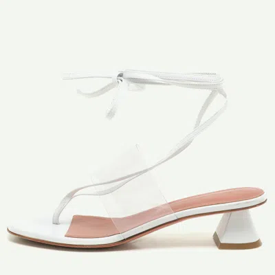 Pre-owned Amina Muaddi White Leather And Pvc Zula Ankle Wrap Sandals Size 37.5