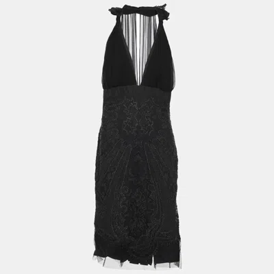 Pre-owned Gucci Black Silk Blend Embellished Halter Neck Midi Dress M