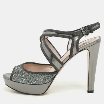 Pre-owned Miu Miu Grey Glitter And Leather Criss Cross Platform Pumps Size 40.5 In Gray