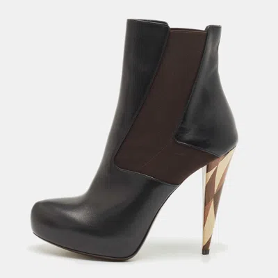 Pre-owned Fendi Black/brown Leather And Stretch Fabric Platform Ankle Boots Size 40
