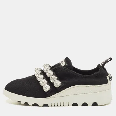 Pre-owned Miu Miu Black Knit Fabric Crystal Embellished Slip On Sneakers Size 37.5