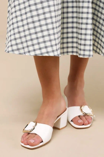 Lulus Franette Ivory Low Heel Buckle Slide Sandals In Multi