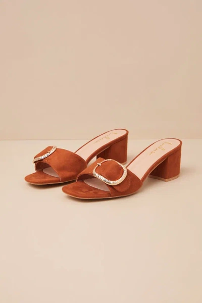 Lulus Franette Brown Suede Low Heel Buckle Slide Sandals In Multi