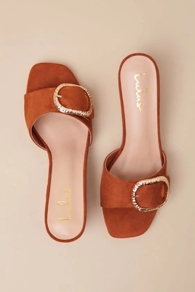 Lulus Franette Brown Suede Low Heel Buckle Slide Sandals In Multi