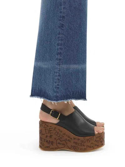 Chloé Maxime Black Wedge With Engraved Written Decorations And Logo Buckle In Leather Woman In Black