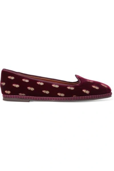 Shop Aquazzura Ananas Embroidered Velvet Slippers