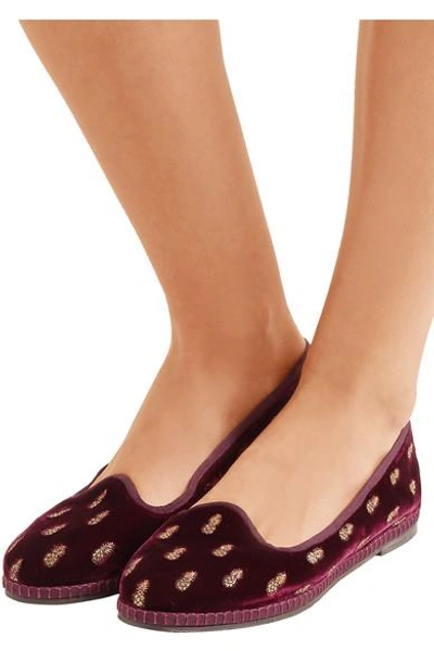 Shop Aquazzura Ananas Embroidered Velvet Slippers