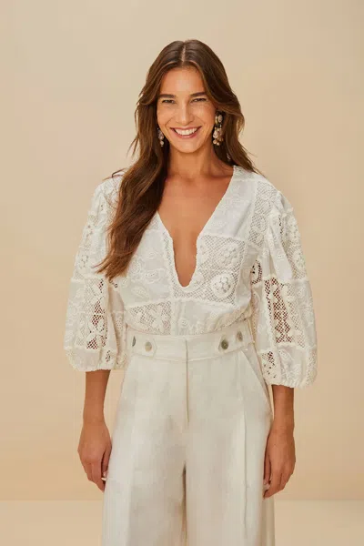 Farm Rio Off-white Rosy Eyelet Puff Sleeve Bodysuit