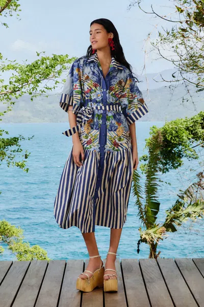 FARM RIO ACTIVE BLUE FRESH TABLE SCARF ORGANIC COTTON MIDI DRESS 