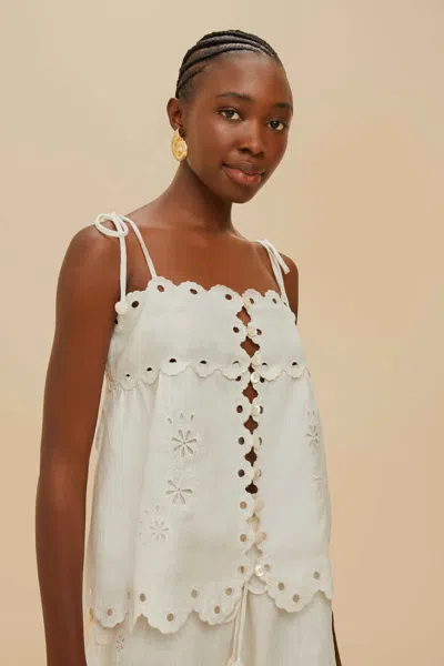 Farm Rio Off-white Flowers Richelieu Euroflax Premium Linen Blouse