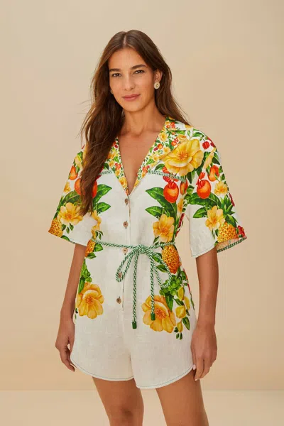 Farm Rio Active Off-white Picnic Flowers Euroflax Premium Linen Romper