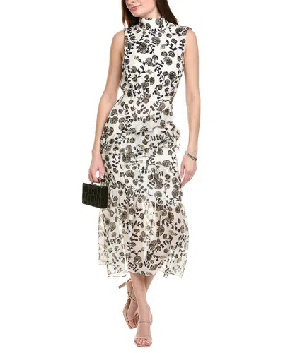 Saloni Stamped Silk Midi Dress In White