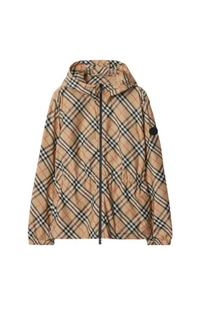 Burberry Check Ekd Embroidered Hooded Windbreaker Jacket