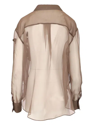 Brunello Cucinelli Brown Shirt With Semi-transparent Design And Embroidery On The Front In Silk Woman In Brown