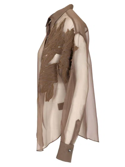 Brunello Cucinelli Brown Shirt With Semi-transparent Design And Embroidery On The Front In Silk Woman In Brown