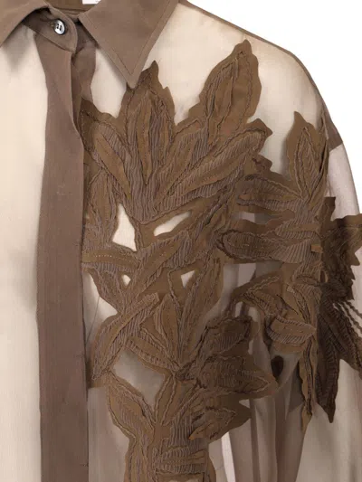 Brunello Cucinelli Brown Shirt With Semi-transparent Design And Embroidery On The Front In Silk Woman In Brown