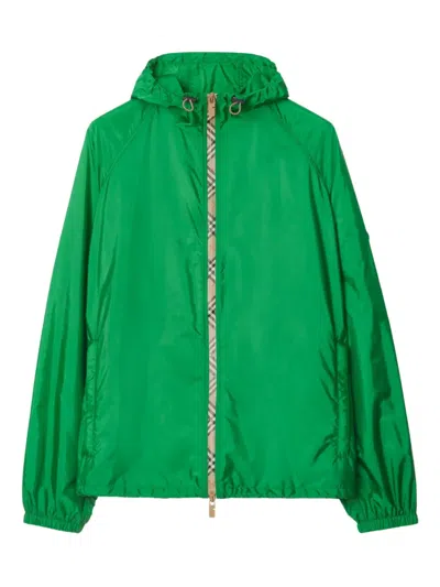 Burberry Check Trim Nylon Hooded Jacket In Green