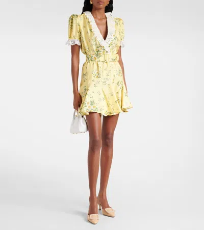 Belted Broderie Anglaise Cotton-trimmed Floral-print Silk-twill Mini Dress In Yellow