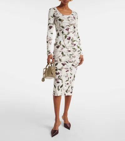 Stella Mccartney Ruched Printed Stretch-mesh Midi Skirt In Cream