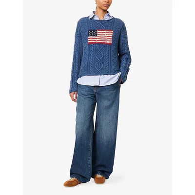 Polo Ralph Lauren Flag Pointelle Cotton-linen Sweater In Blue